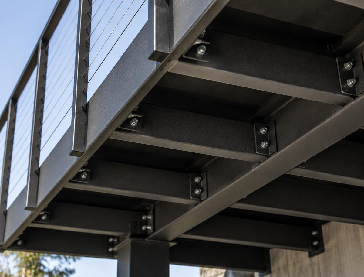 Exposed steel framing and joist layout