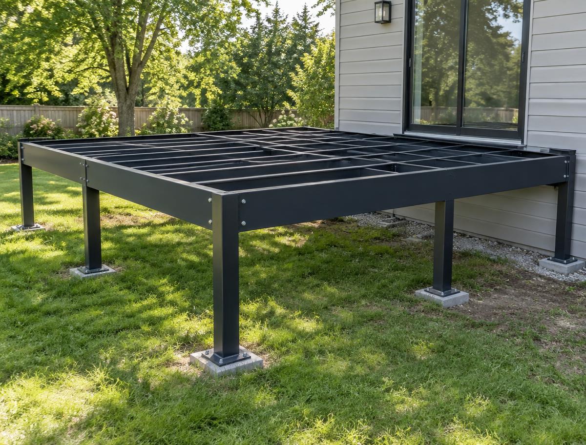 Raised steel deck frame on square steel posts in a backyard